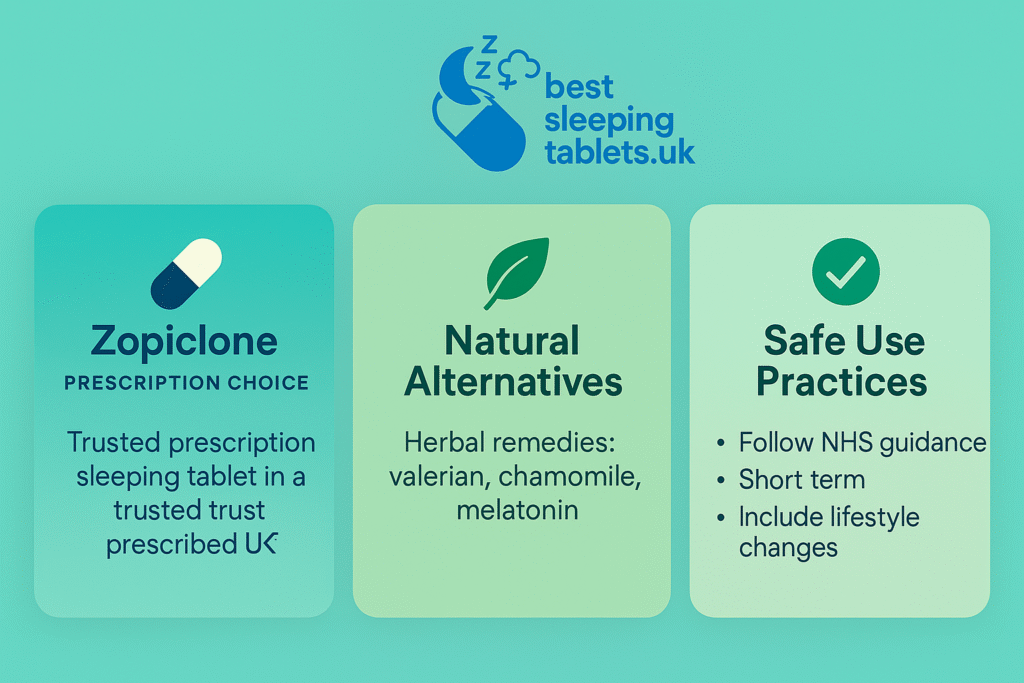 Best Sleeping Tablets UK graphic with logo centered at the top, showing information on Zopiclone, natural alternatives, and safe use for better sleep.