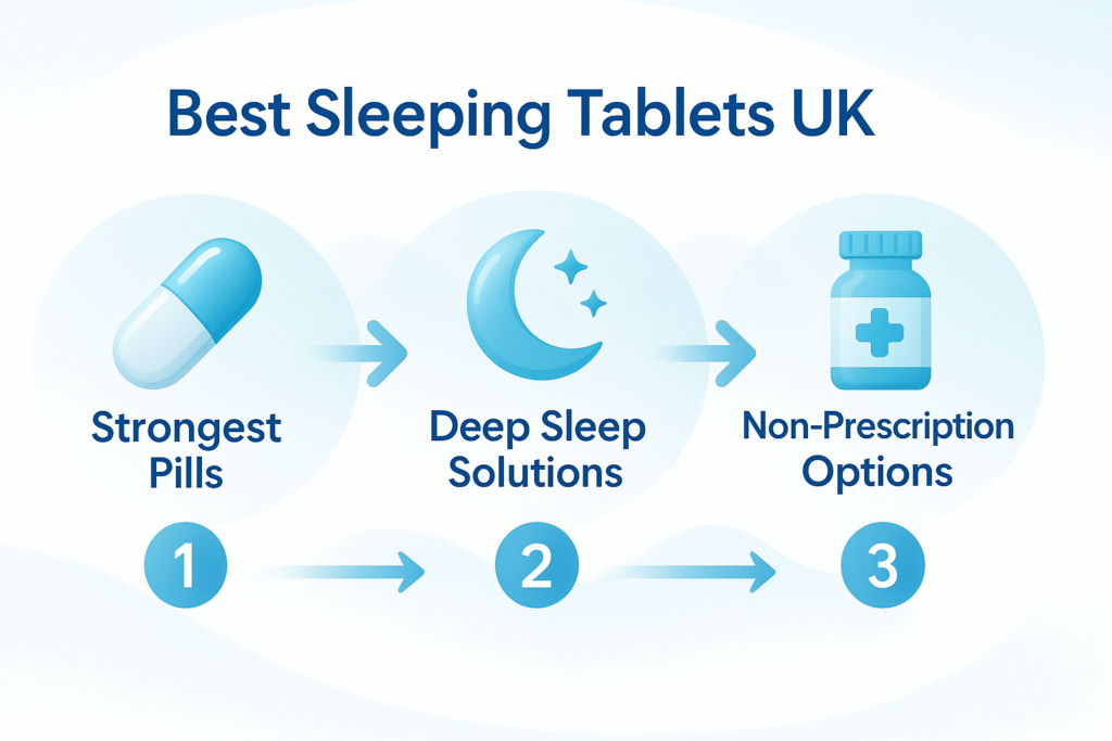 Infographic showing Best Sleeping Tablets UK – Strongest Pills, Deep Sleep Solutions, and Non-Prescription Options in a step-by-step flow with pill, moon, and medicine bottle icons.