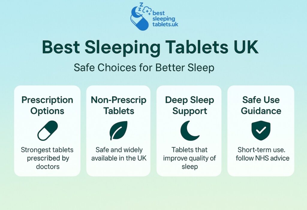 Centered design of Best Sleeping Tablets UK showing prescription options, non-prescription tablets, deep sleep support, and safe use guidance